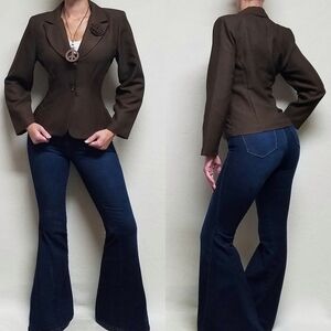 70s Vintage Sweet Suit Brown Knit 3D Flower Applique Notched Collar Blazer Large